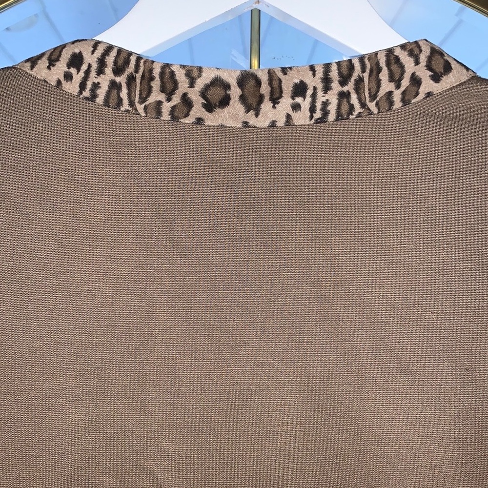 CHICO’s Taupe Leopard Print Mesh Inset Open Front Duster Cardigan - Picture 14 of 16